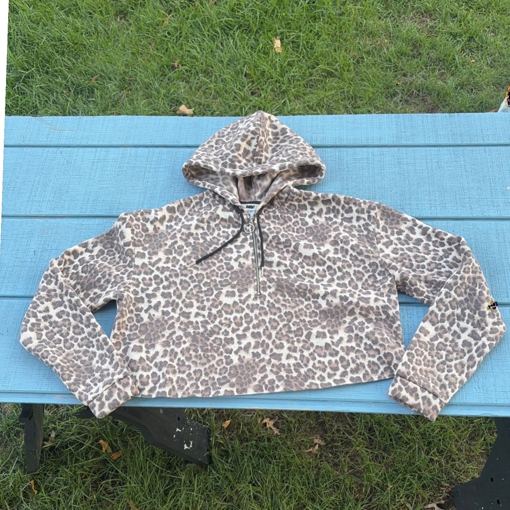 Amp Leopard Print Quarter Zip Cropped Hoodie Women Large Animal Print Brown L